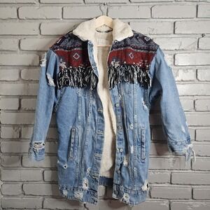 Zara Women Jacket Medium Trafaluc Denimwear Aztec Coat Sherpa Lined Southwestern